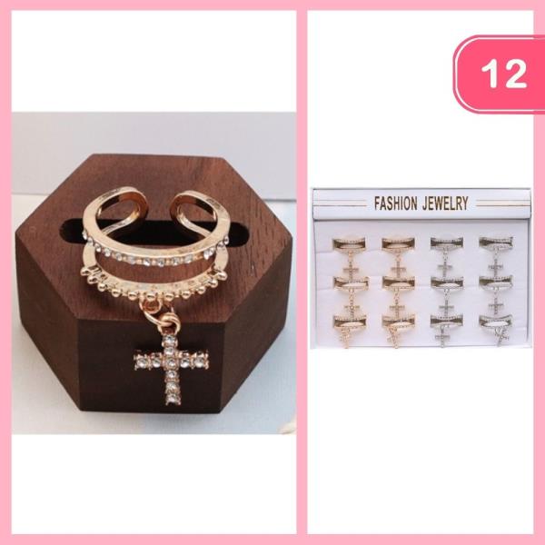 RHINESTONE CROSS OPEN RING (12 UNITS)