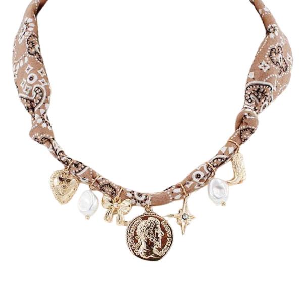 MEDALLION MULTI CHARM FABRIC NECKLACE