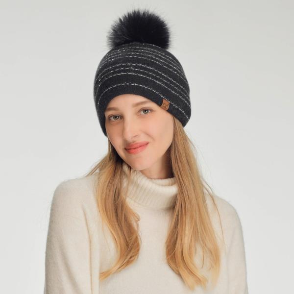 CC STRIPED STITCHES WITH SEQUINS ANGORA POM BEANIE