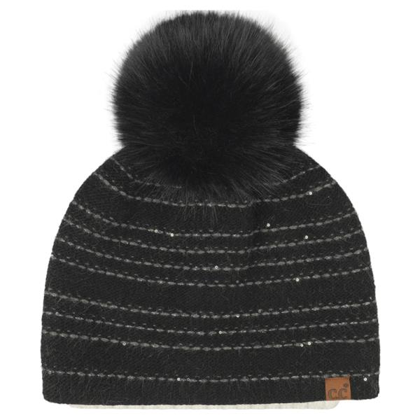 CC STRIPED STITCHES WITH SEQUINS ANGORA POM BEANIE