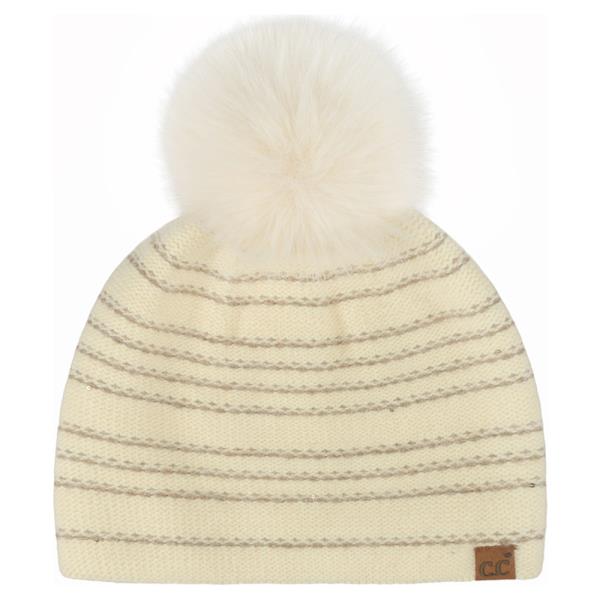 CC STRIPED STITCHES WITH SEQUINS ANGORA POM BEANIE