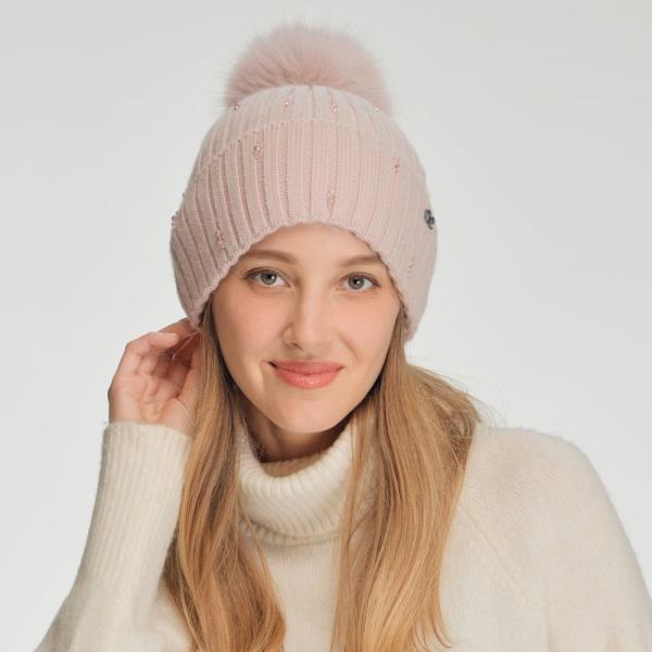 CC GLASS BEAD EMBELLISHMENT CUFF BEANIE WITH FAUX FUR POM