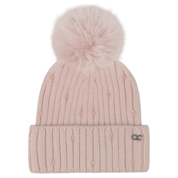 CC GLASS BEAD EMBELLISHMENT CUFF BEANIE WITH FAUX FUR POM