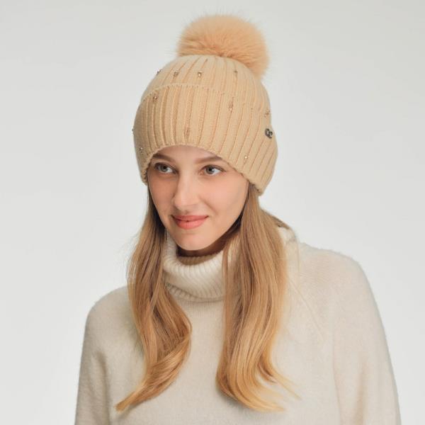 CC GLASS BEAD EMBELLISHMENT CUFF BEANIE WITH FAUX FUR POM