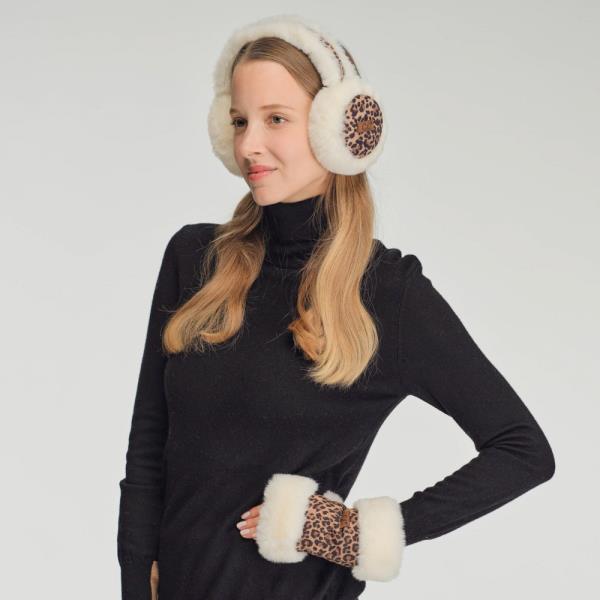 CC LEOPARD PATTERN FAUX SUEDE W/ FAUX FUR EARMUFF