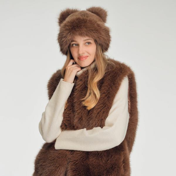 CC FAUX FUR DOUBLE POM BUCKET HAT