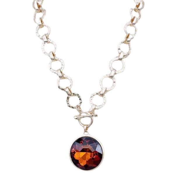 ROUND CRYSTAL PENDANT CIRCLE LINK NECKLACE