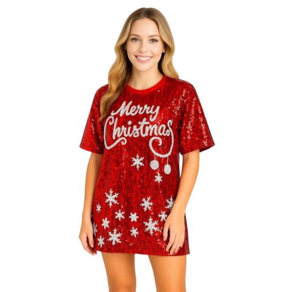 CHRISTMAS MERRY CHRISTMAS SEQUIN SHORT SLEEVE DRESS