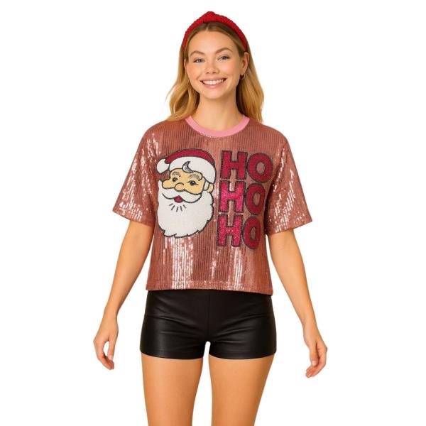 HRISTMAS HO HO HO SANTA SEQUIN SHORT SLEEVE TOP