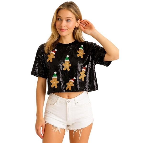 CHRISTMAS GINGERBREAD MAN SEQUIN SHORT SLEEVE TOP