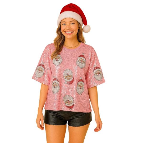 HRISTMAS SANTA FACE SEQUIN SHORT SLEEVE TOP