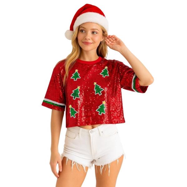 CHRISTMAS TREE PATTERN SEQUIN SHORT SLEEVE CROP TOP