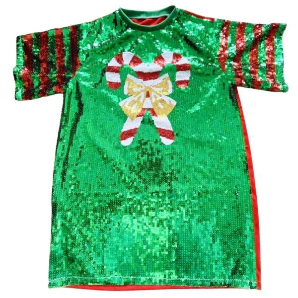 CHRISTMAS CANDY CANE BOW SEQUIN SHORT SLEEVE TOP