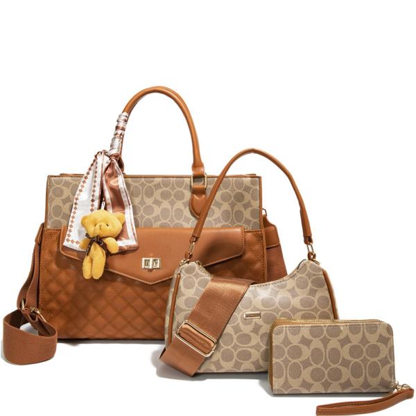 3IN1 OVAL QUILTED DESIGN SATCHEL W HANDLE BAG AND WALLET SET