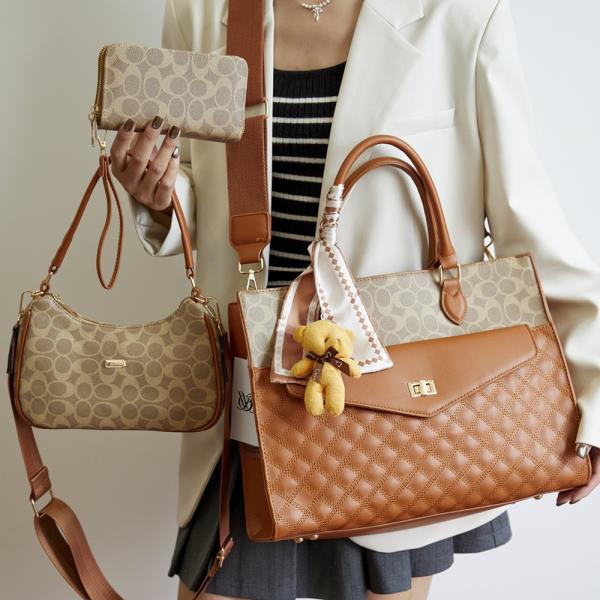 3IN1 OVAL QUILTED DESIGN SATCHEL W HANDLE BAG AND WALLET SET