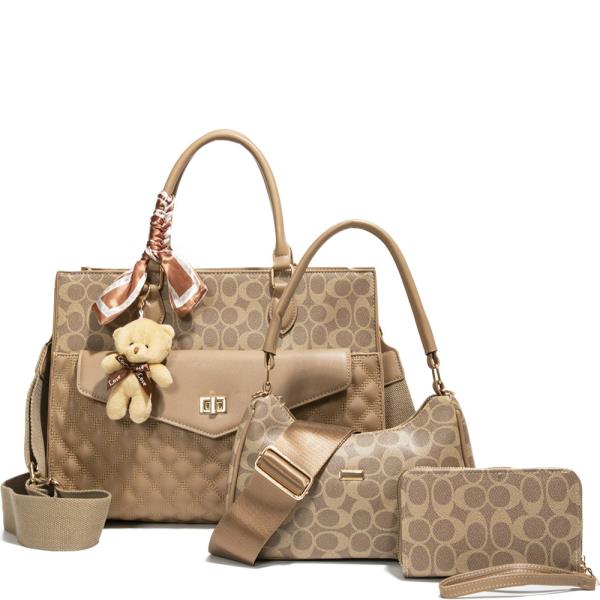 3IN1 OVAL QUILTED DESIGN SATCHEL W HANDLE BAG AND WALLET SET
