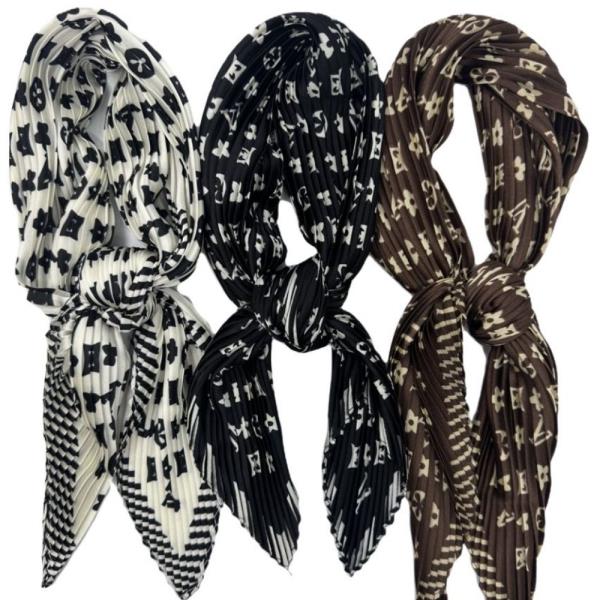 PLEATED MONOGRAM PATTERN SILKY NECK BANDANA SQUARE SCARF