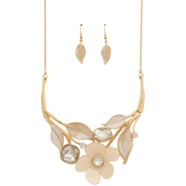 FLOWER LEAF PATTERN RHINESTONE METAL NECKLACE