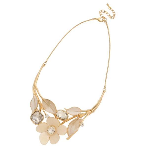 FLOWER LEAF PATTERN RHINESTONE METAL NECKLACE