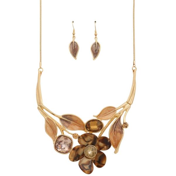 FLOWER LEAF PATTERN RHINESTONE METAL NECKLACE