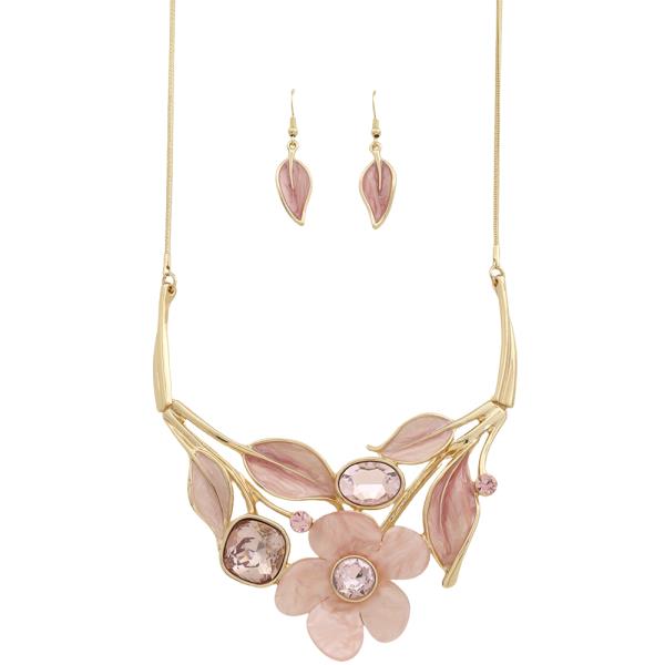 FLOWER LEAF PATTERN RHINESTONE METAL NECKLACE