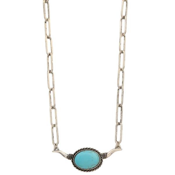 WESTERN TURQUOISE BEAD CATTLE HORN PENDANT NECKLACE
