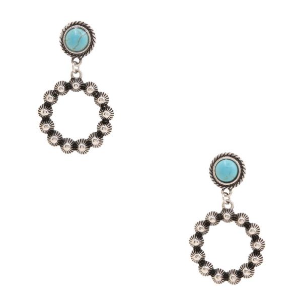 TURQUOISE BEAD ROUND METAL DANGLE EARRING