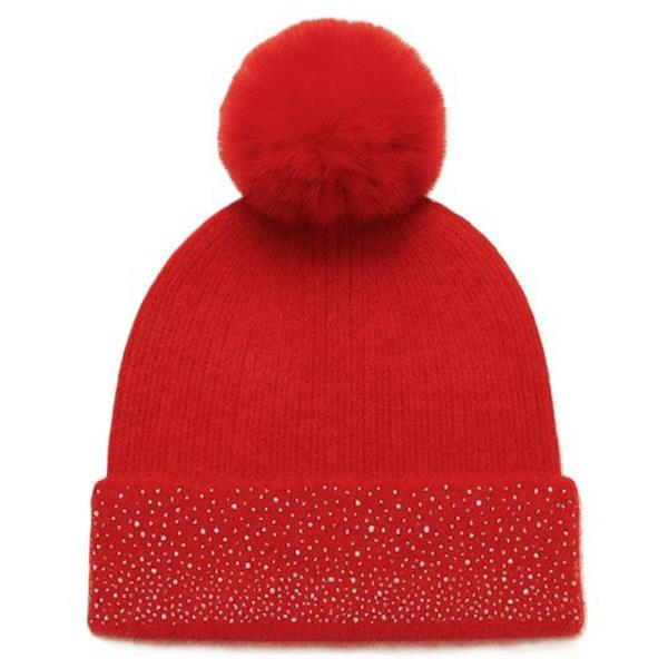 KNIT BEANIE WITH RHINESTONE TRIM AND FAUX FUR POM POM