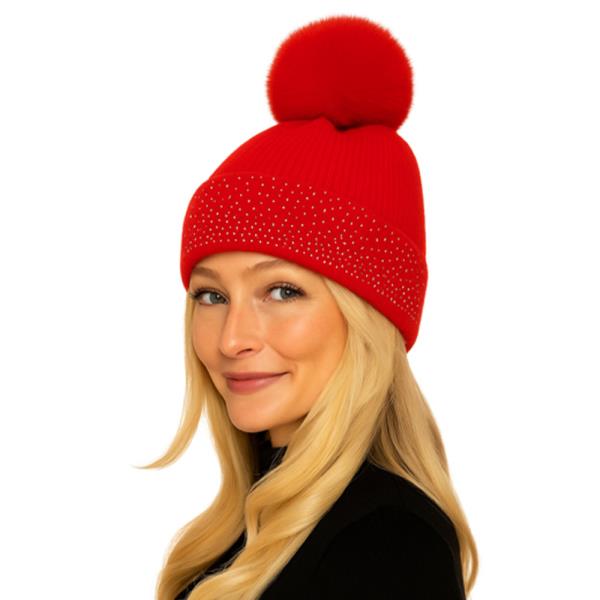 KNIT BEANIE WITH RHINESTONE TRIM AND FAUX FUR POM POM