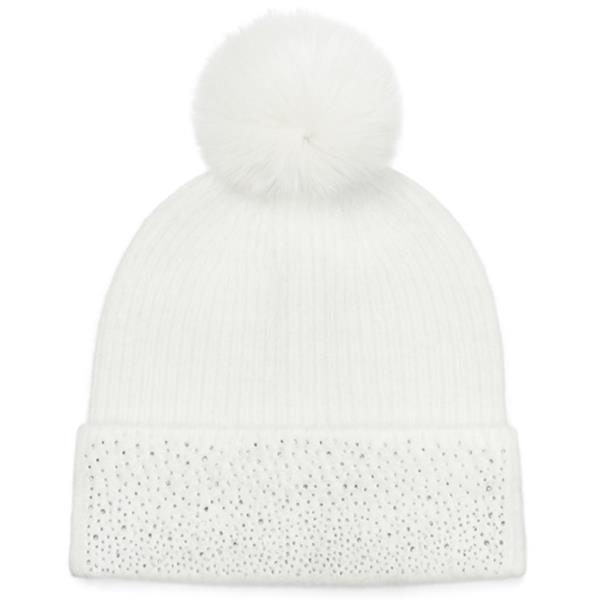 KNIT BEANIE WITH RHINESTONE TRIM AND FAUX FUR POM POM
