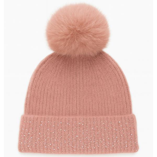 KNIT BEANIE WITH RHINESTONE TRIM AND FAUX FUR POM POM