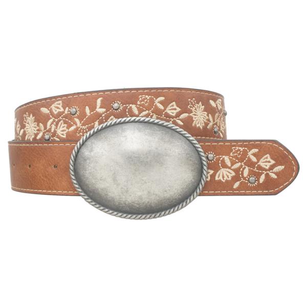 VINTAGE OVAL BUCKLE VINE LEAF EMBROIDERED STRAP BELT