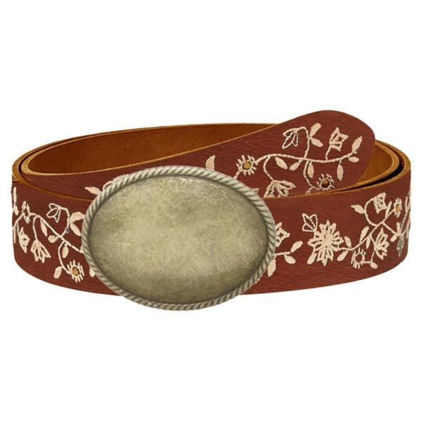 VINTAGE OVAL BUCKLE VINE LEAF EMBROIDERED STRAP BELT