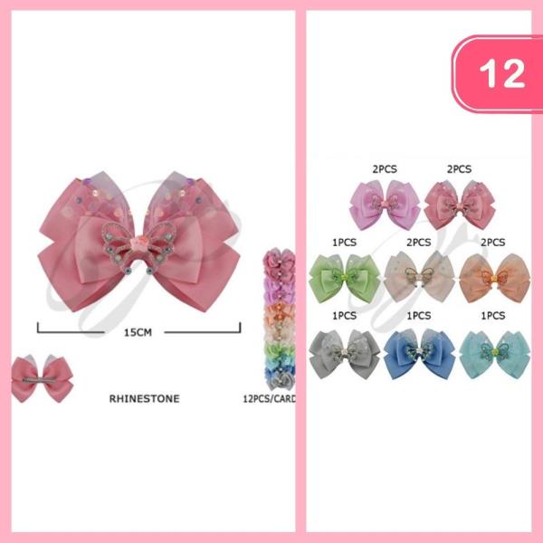 BUTTERFLY RHINESTONE RIBBON SEQUIN TULLE HAIR BOW (12 UNITS)