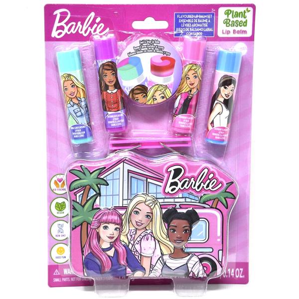 BARBIE 4PC LIP BALM W SHAPED TIN