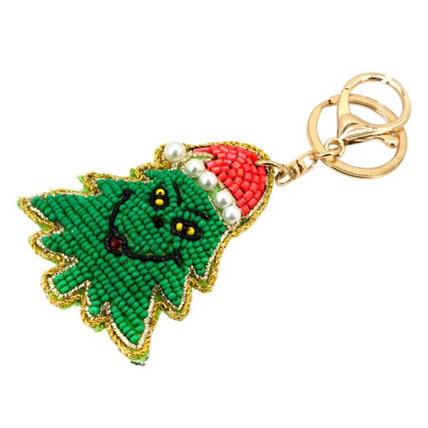 CHRISTMAS SEED BEAD GRINCH TREE KEYCHAIN