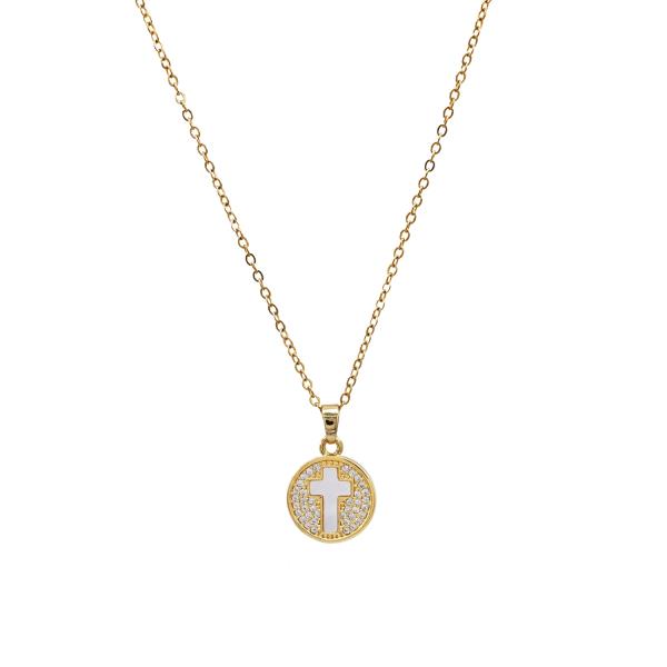 CROSS ROUND CHARM STAINLESS STEEL NECKLACE