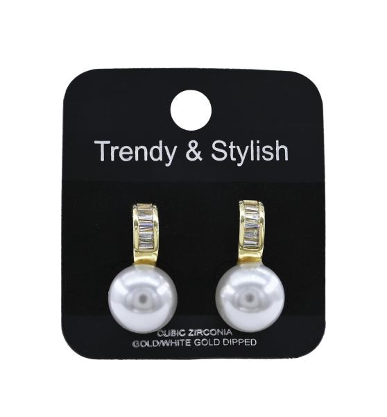 BAGUETTE CZ PEARL BEAD GOLD DIPPED EARRING
