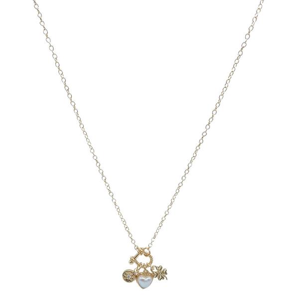 METAL FAUX PEARL HEART CHARM NECKLACE