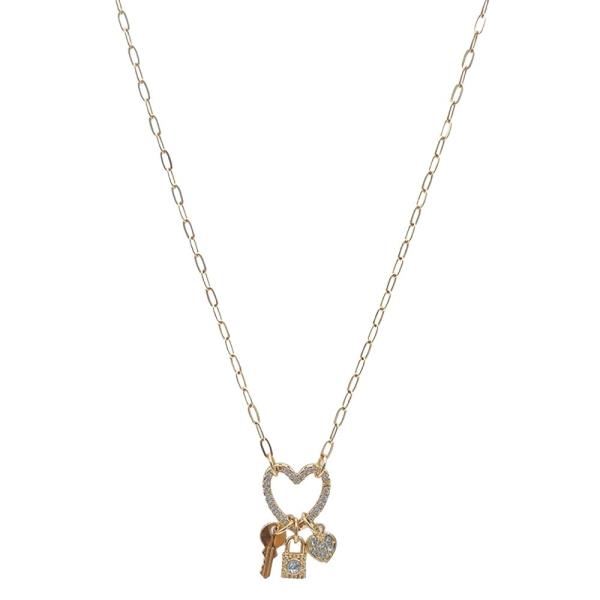 METAL HEART KEY RIBBON CHARM NECKLACE