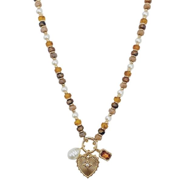 METAL MIXED BEAD HEART CHARM NECKLACE