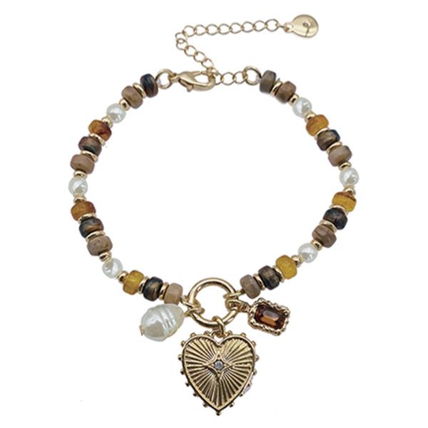 METAL MIXED BEAD HEART CHARM BRACELET
