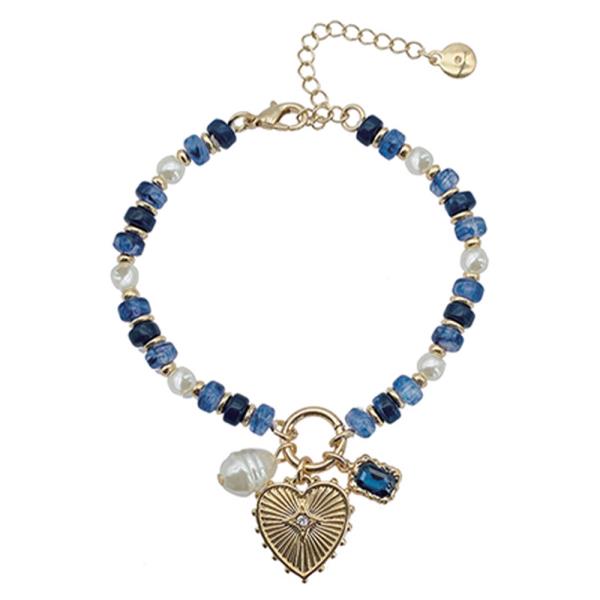 METAL MIXED BEAD HEART CHARM BRACELET