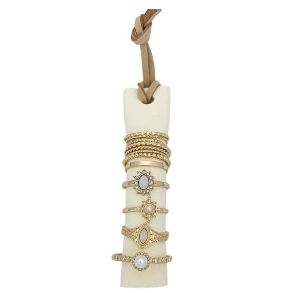TEXTURED METAL FAUX PEARL STONE STACKABLE MULTI RING SET