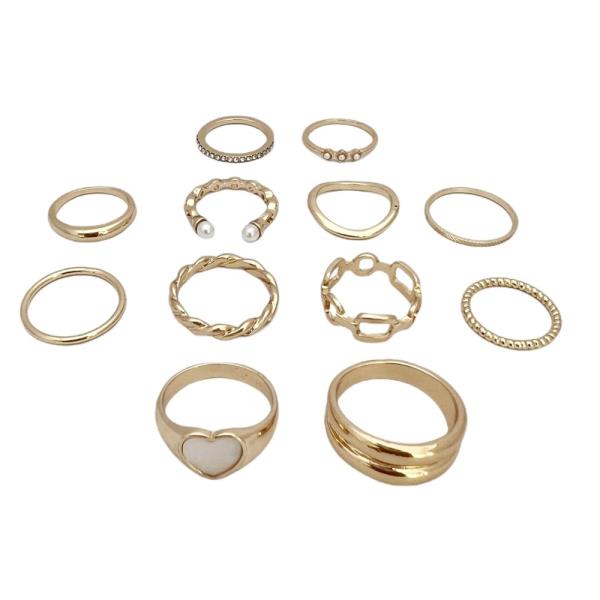 METAL HEART FAUX PEARL STACKABLE MULTI RING SET