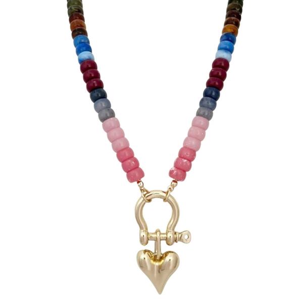 METAL MIXED BEAD HEART PENDANT NECKLACE
