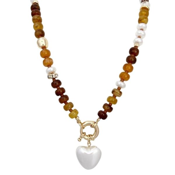 METAL MIXED BEAD HEART PENDANT NECKLACE