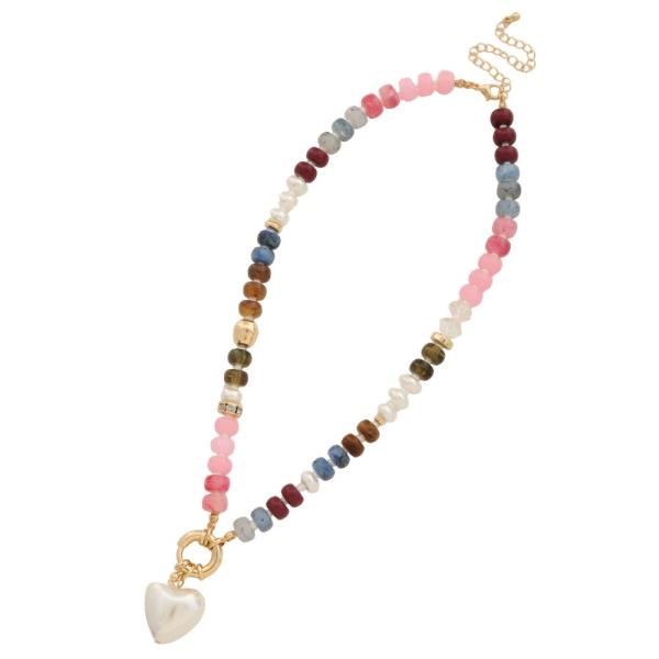METAL MIXED BEAD HEART PENDANT NECKLACE