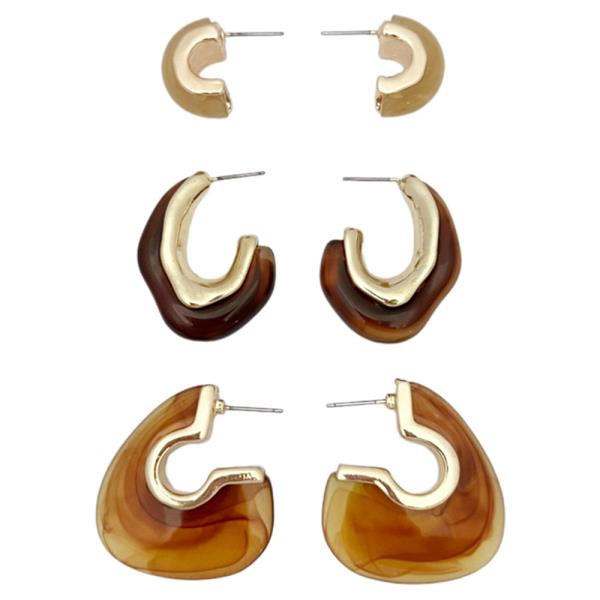 METAL AMBER RESIN OVAL HOOP EARRING 3 PC SET