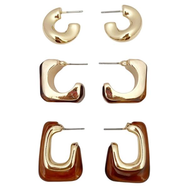 METAL AMBER RESIN GEOMETRIC HOOP EARRING 3 PC SET